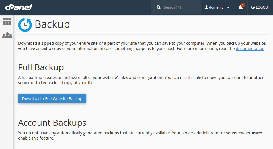 generare / restaurare full website backup