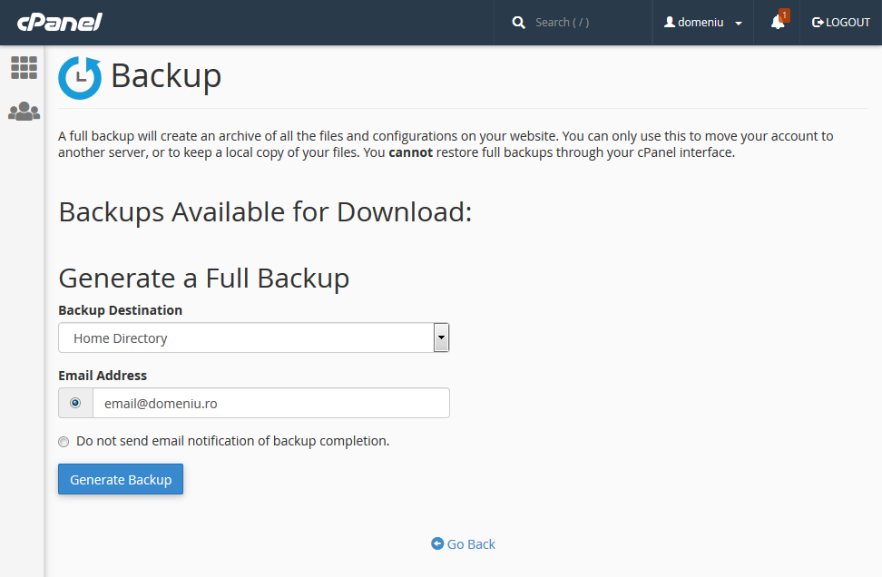 generare / restaurare full website backup